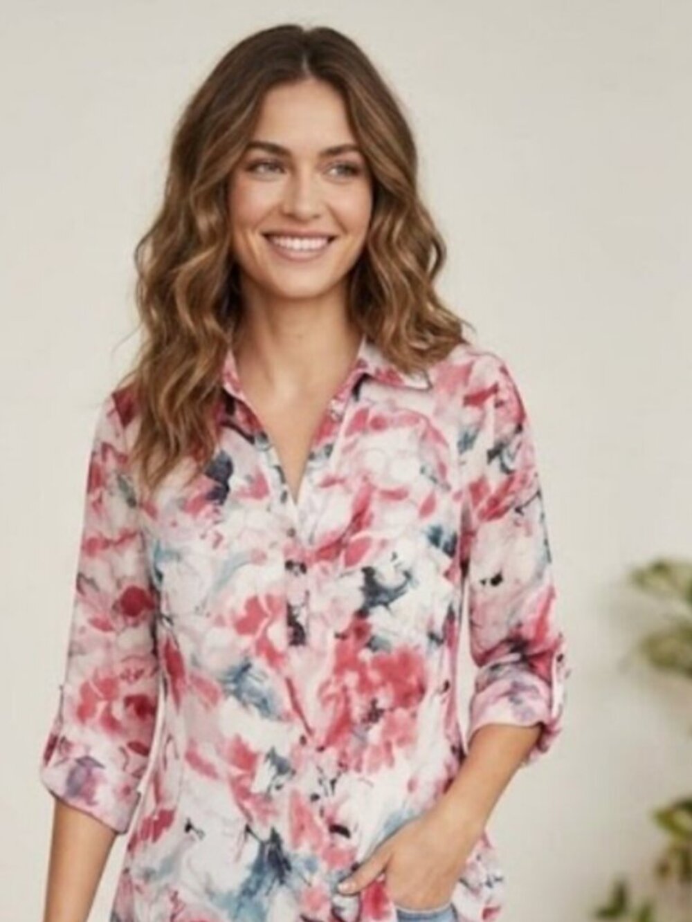 BCBGMAXAZRIA Soon Pink Long Sleeve Floral Tunic Blouse Large